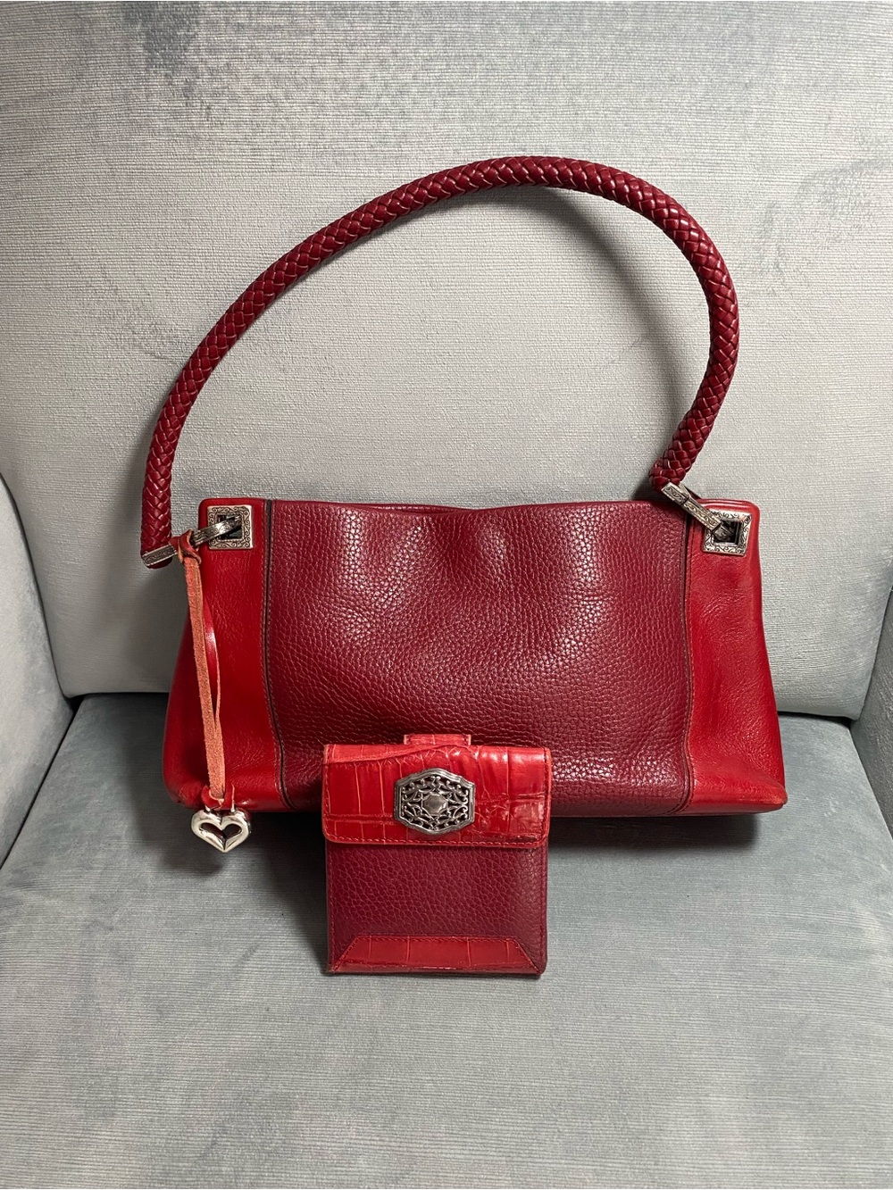 Brighton Charlotte Red Leather Shoulder Bag with Matching Wallet, silver EUC set